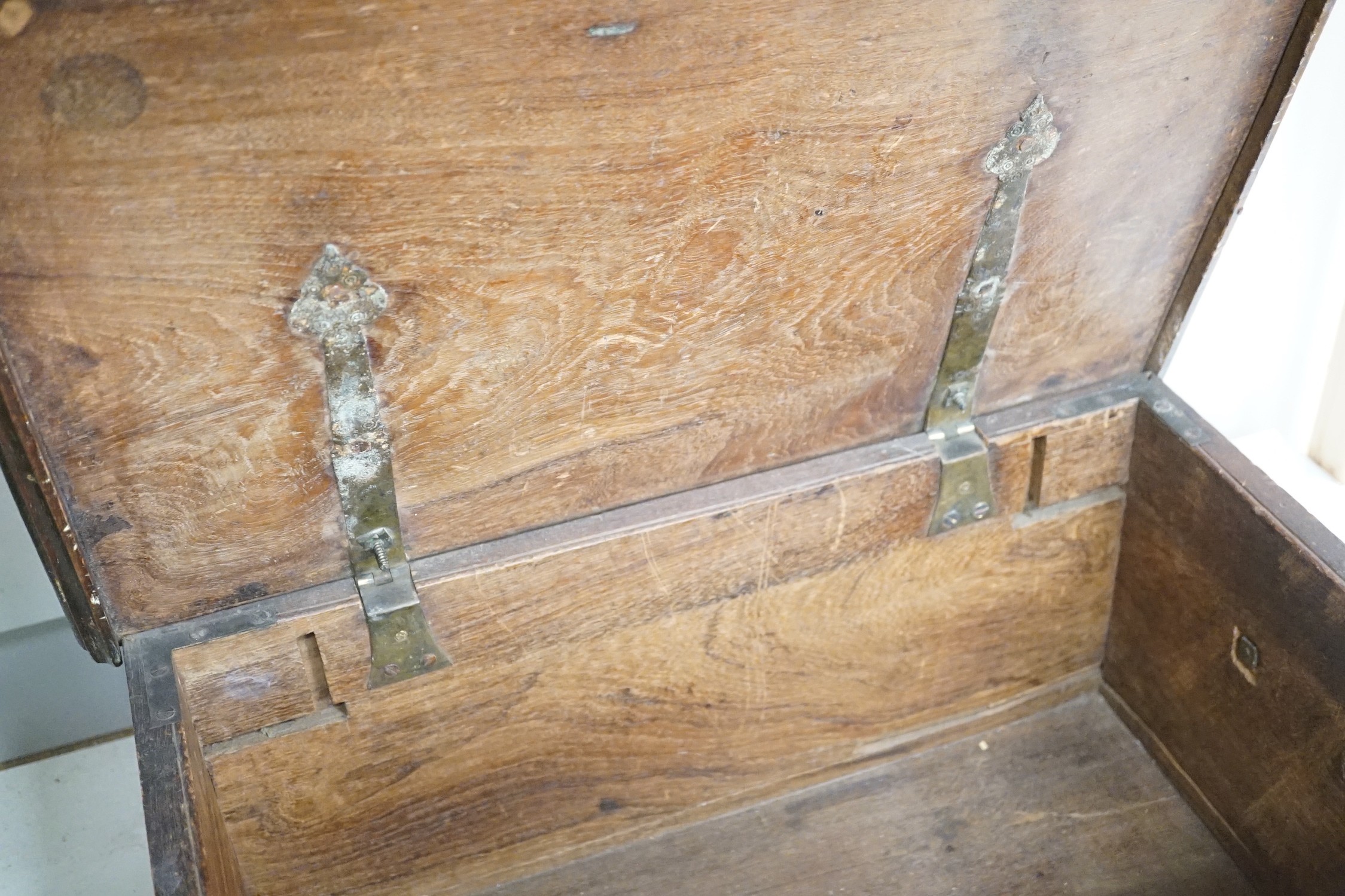 An 18th / 19th century brass mounted hardwood bible box, 50cm wide, 26cm tall